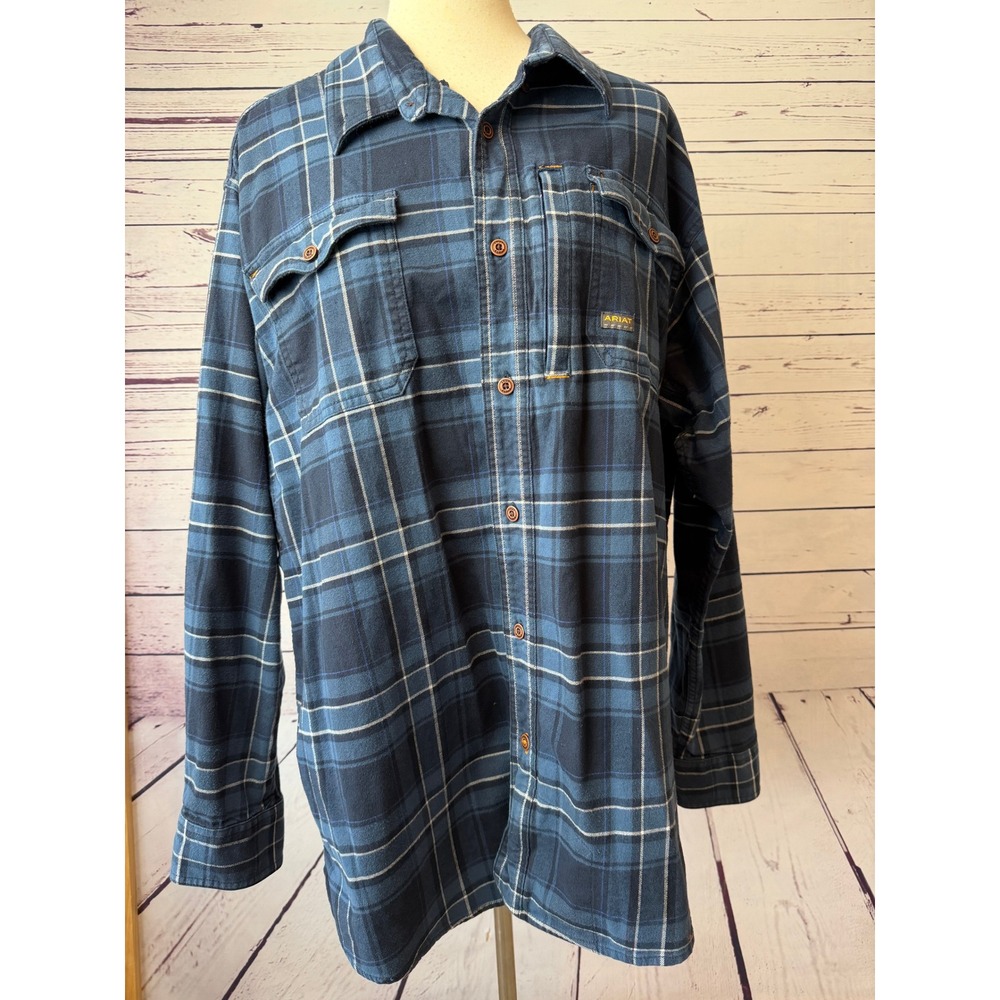 Ariat Rebar Work Shirt Mens XL Plaid Long Sleeve Utility Extra Large Blue